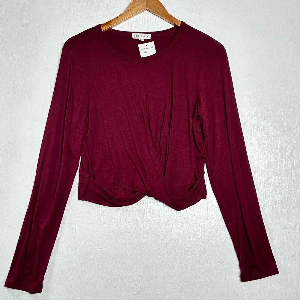 NEW Socialite Wrap‎ Front Top Size Large Long Sleeve Jersey Knit Shirt Maroon